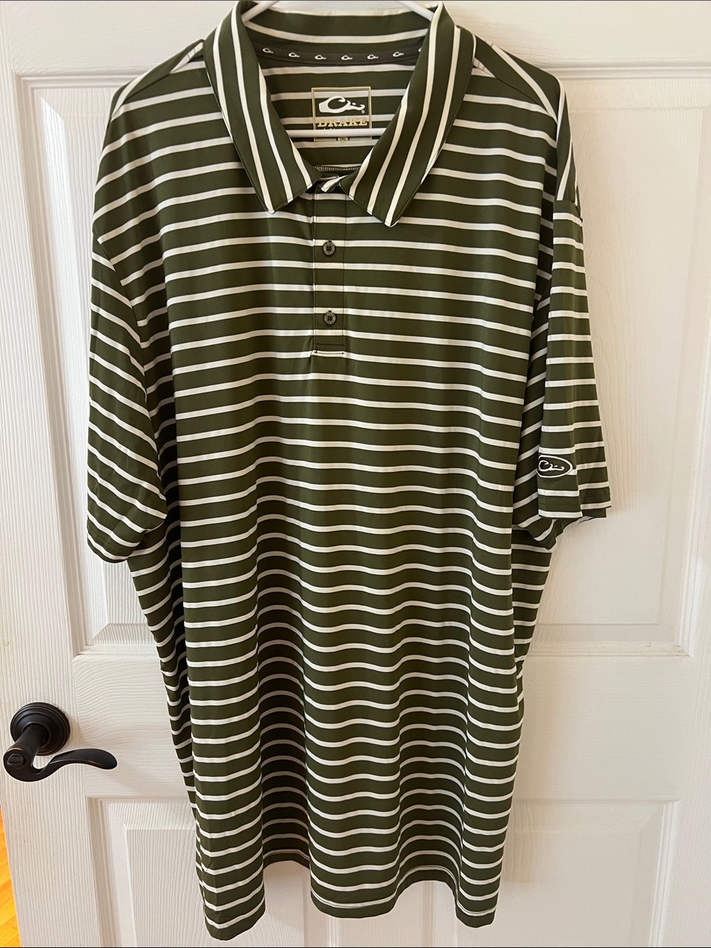 Drake Olive Green & White Striped Polo Shirt